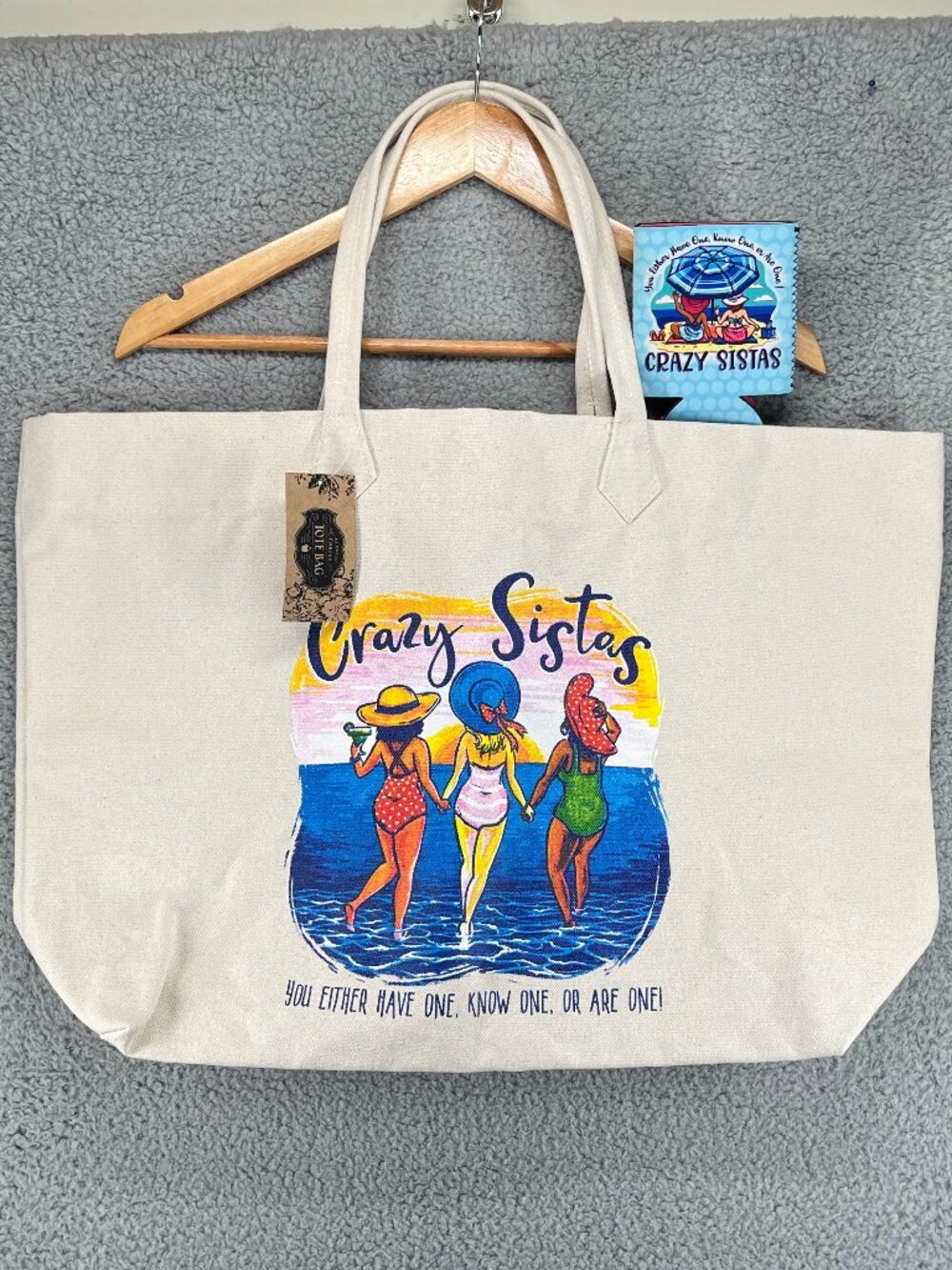 NWT Crazy Sistas Canvas Tote Bag and Drink Koozie Cute for Sister or Friend Gift